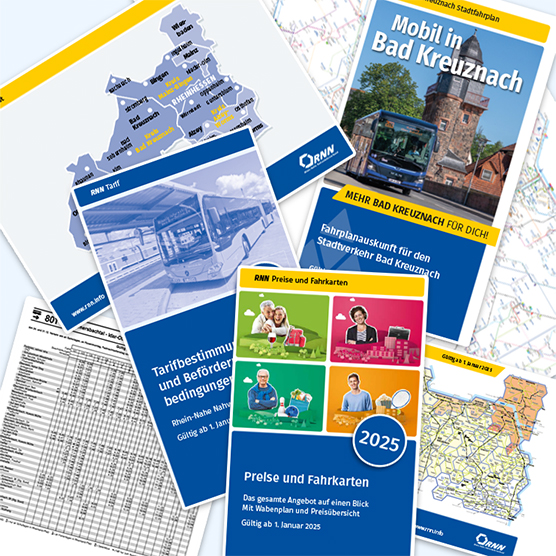 A stack of blue and yellow printed materials (maps, fare information, and timetables) that symbolically represents downloadable information