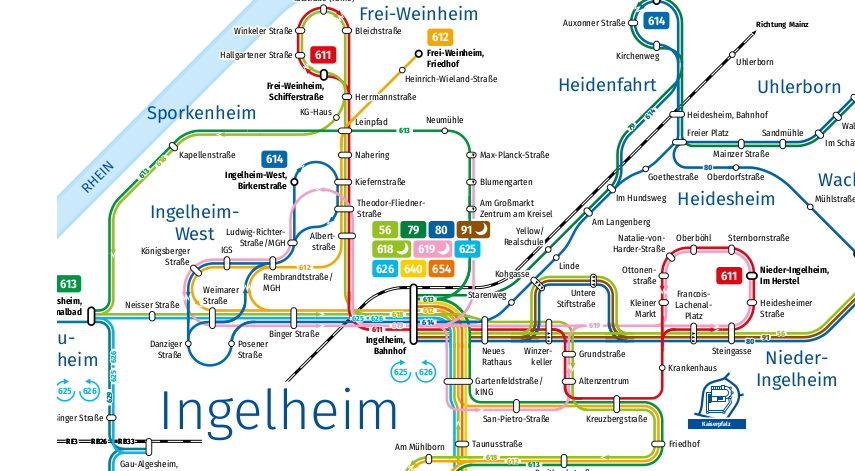Detailansicht der farbigen Liniennetzkarte des Busverkehrs in Ingelheim