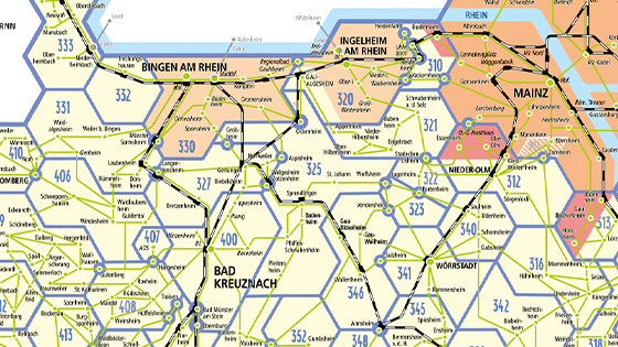 Detailansicht der Tarifzonenkarte des RNN-Gebiets (Wabenplan) mit den Städten Mainz, Bingen und Bad Kreuznach