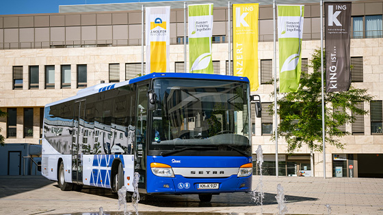 Ein weiß-blauer Bus steht auf der Straße