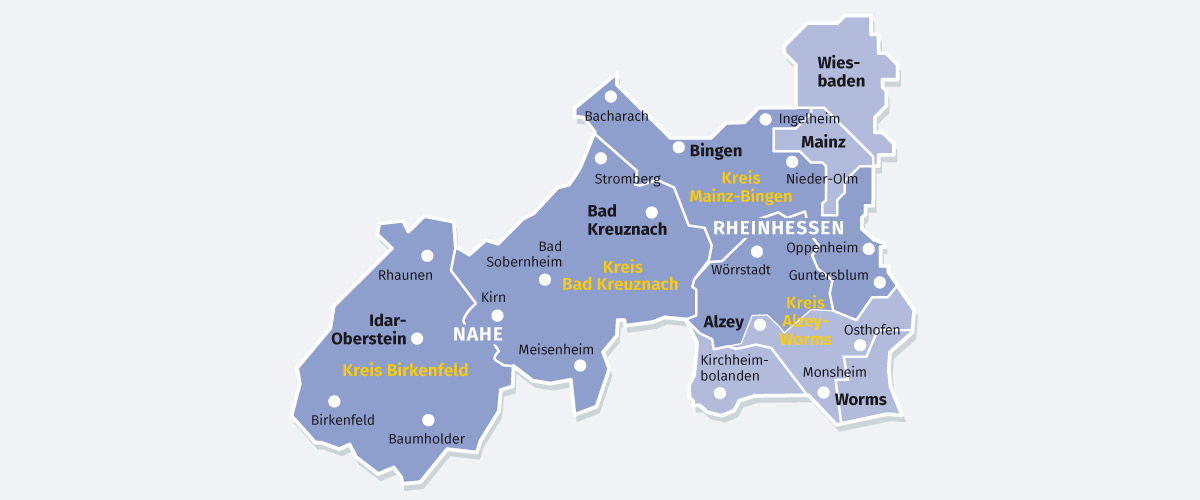 A map of the Rheinhessen region and adjacent areas in Rhineland-Palatinate, divided into the districts of Mainz-Bingen, Alzey-Worms, Bad Kreuznach, and Birkenfeld, with major city names