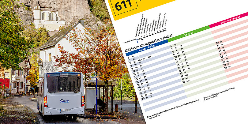 Collage: kleinerer Bus an einer ländlichen Haltestelle; rechts Ausschnitt eines detaillierten Busfahrplans