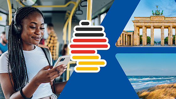 Collage: Links eine Frau mit Kopfhörern, die in einem öffentlichen Verkehrsmittel ihr Smartphone benutzt. Rechts Bilder des Brandenburger Tors und eines Strandes sowie ein stilisiertes Deutschland-Logo
