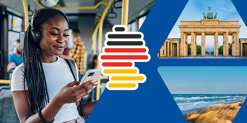 Collage: Links eine Frau mit Kopfhörern, die in einem öffentlichen Verkehrsmittel ihr Smartphone benutzt. Rechts Bilder des Brandenburger Tors und eines Strandes sowie ein stilisiertes Deutschland-Logo