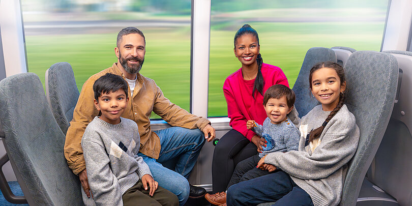 Eine Familie sitzt in einem Zug sich gegenüber und schaut in die Kamera.