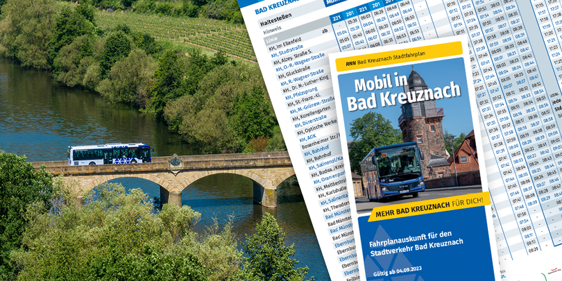 Bus überquert eine historische Steinbrücke in Bad Kreuznach; rechts ein Ausschnitt des regionalen Fahrplans