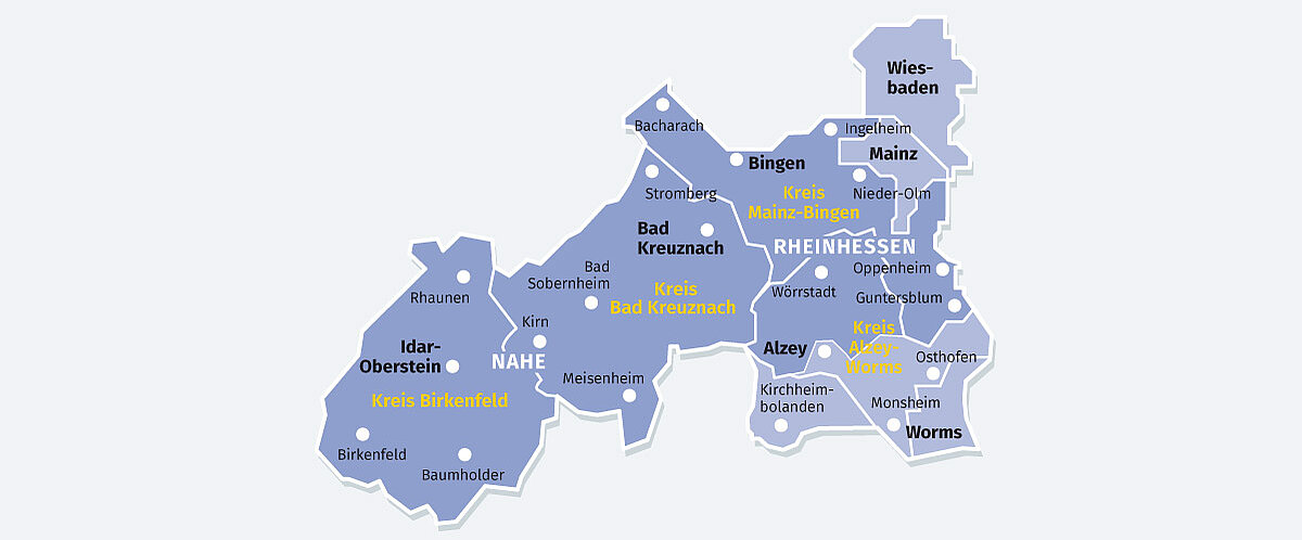 Eine Landkarte der Region Rheinhessen und angrenzender Gebiete in Rheinland-Pfalz, aufgeteilt in die Kreise Mainz-Bingen, Alzey-Worms, Bad Kreuznach und Birkenfeld, mit wichtigen Städtenamen