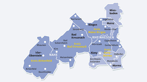 Eine Landkarte der Region Rheinhessen und angrenzender Gebiete in Rheinland-Pfalz, aufgeteilt in die Kreise Mainz-Bingen, Alzey-Worms, Bad Kreuznach und Birkenfeld, mit wichtigen Städtenamen