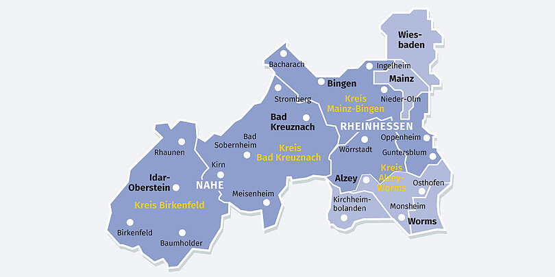 Eine Landkarte der Region Rheinhessen und angrenzender Gebiete in Rheinland-Pfalz, aufgeteilt in die Kreise Mainz-Bingen, Alzey-Worms, Bad Kreuznach und Birkenfeld, mit wichtigen Städtenamen