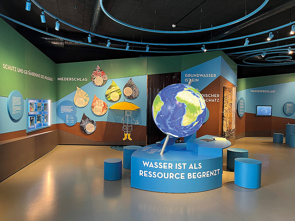 Innenansicht der Ausstellung "WasserWissensWerk" mit interaktiven Exponaten
