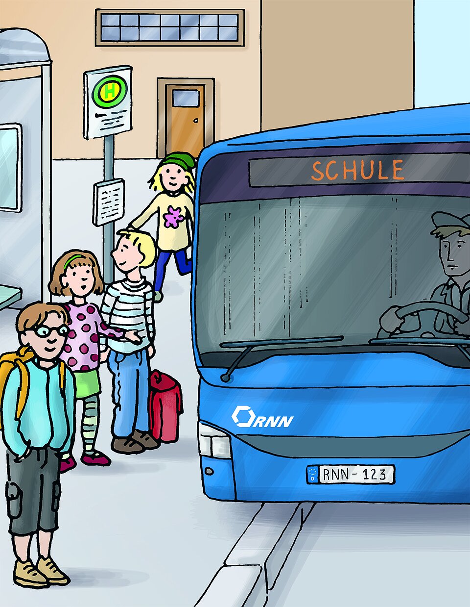 Zeichnung: Kinder stehen an der Bushaltestelle und warten auf den Schulbus