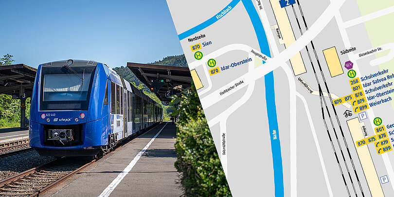 Collage: Blauer RNN-Regionalzug am Bahnsteig in Idar-Oberstein; rechts eine Detailkarte des Busknotenpunkts