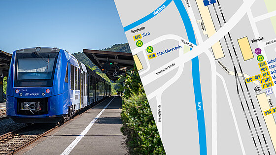 Collage: Blauer RNN-Regionalzug am Bahnsteig in Idar-Oberstein; rechts eine Detailkarte des Busknotenpunkts