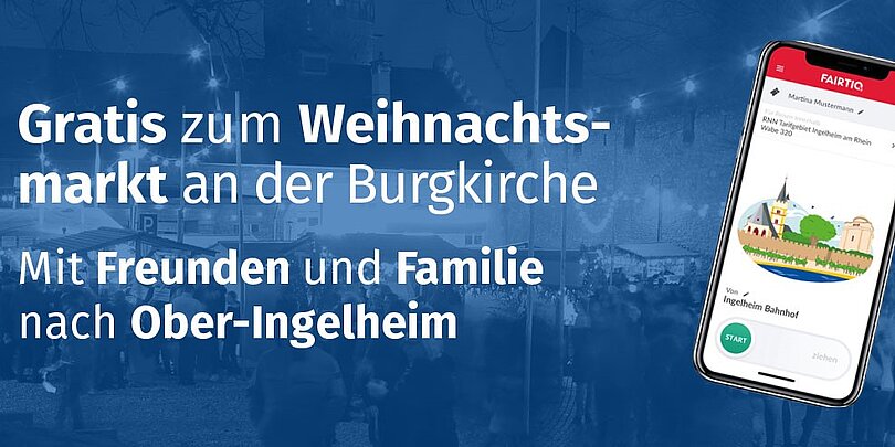 Blauer hintergrund mit Weihnachtsmarkt, Handy mit Fairtiq App davor gesetzt