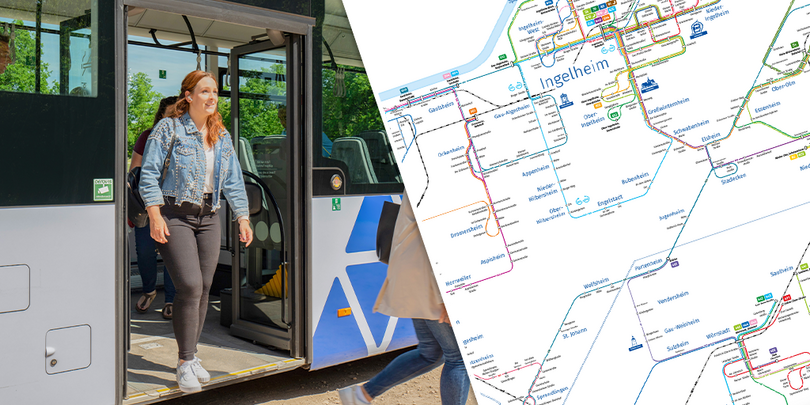 Collage: Ein Passagier steigt lächelnd aus einem modernen Bus aus; rechts – Schema des Streckennetzes von Ingelheim